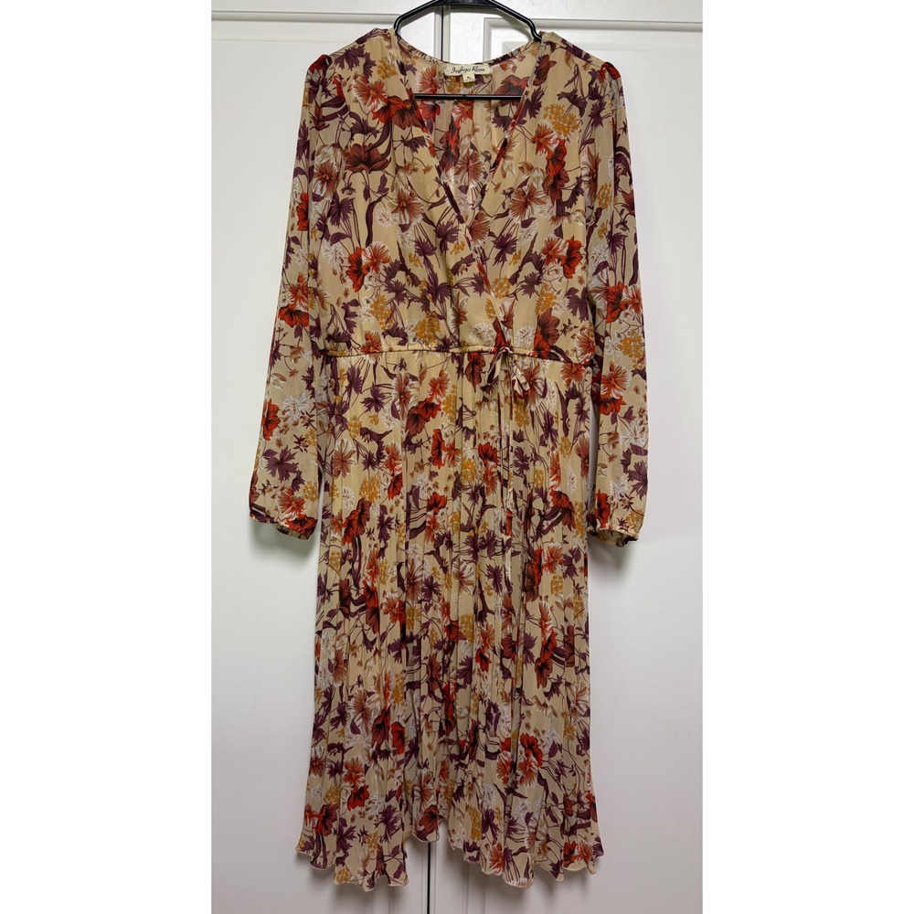 Indigo‎ Rose Floral Faux Wrap Midi Dress XL Long Sleeve Boho Cottagecore